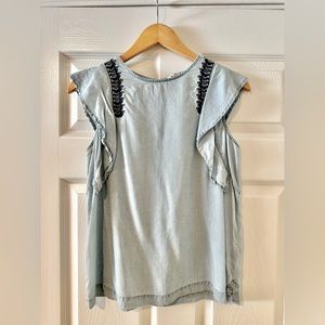 Sleeveless chambray top with detailed embroidery